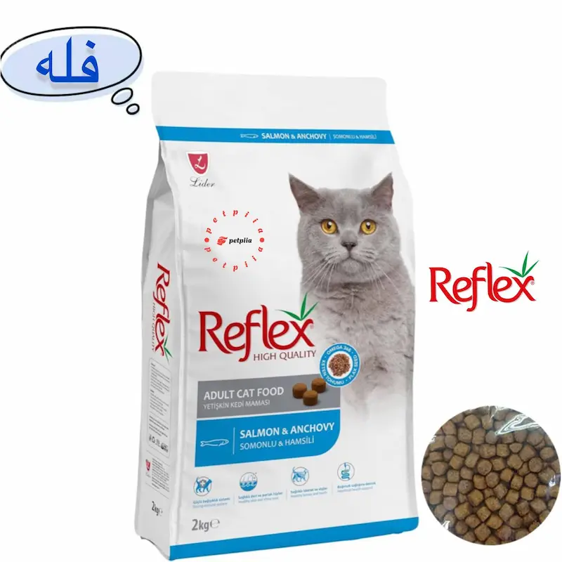 غذای خشک گربه بالغ رفلکس با طعم ماهی سالمون و آنچوی – غذای پروتئینی باکیفیت برای حمایت از سلامت پوست، گوارش و سیستم ایمنی گربه‌ها.
